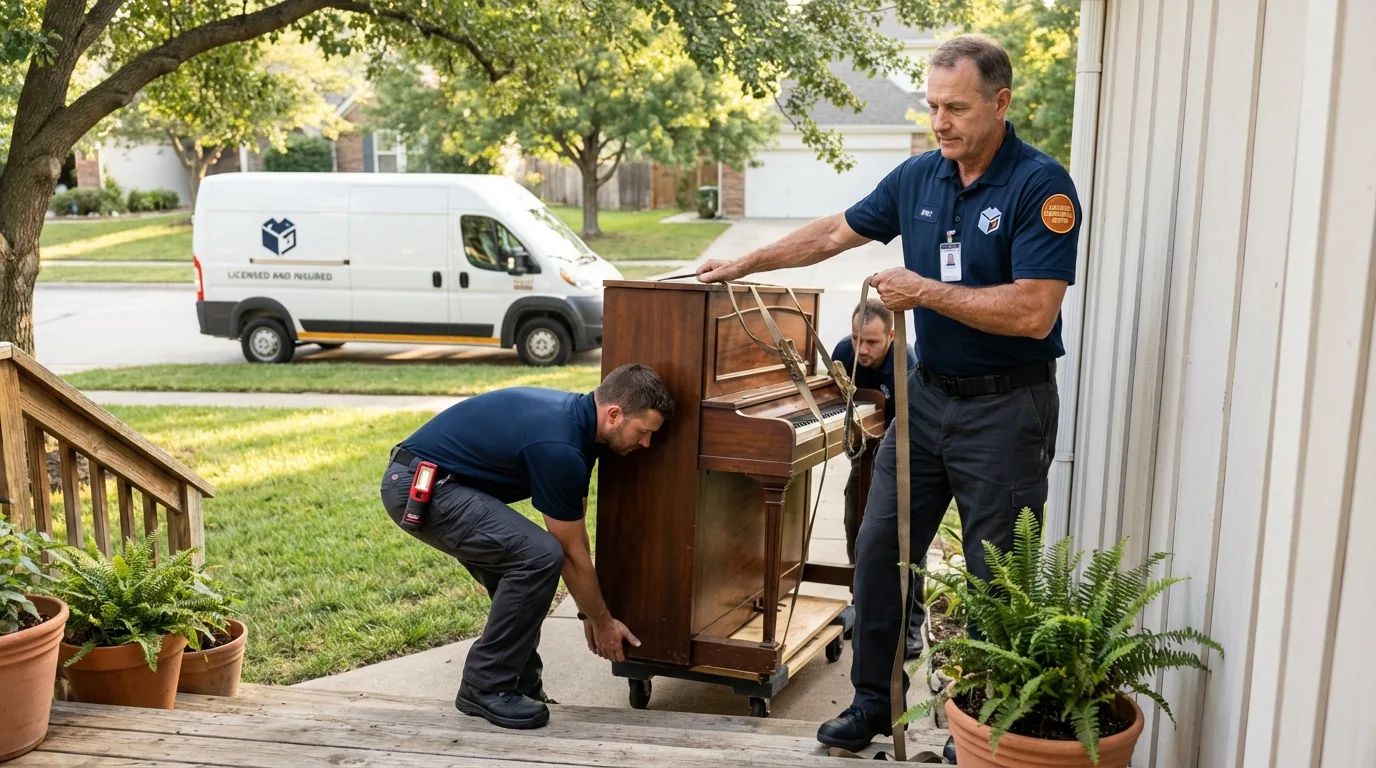 Licensed piano movers securing grand piano in Northfield, MN